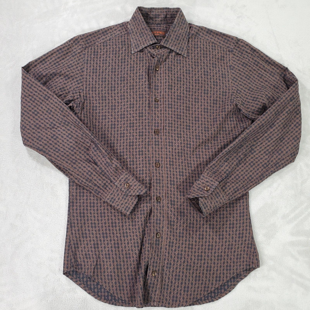 Etro Milano Button Up Shirt Mens Size 38 Slim Fit Brown Jacquard Textured Italy